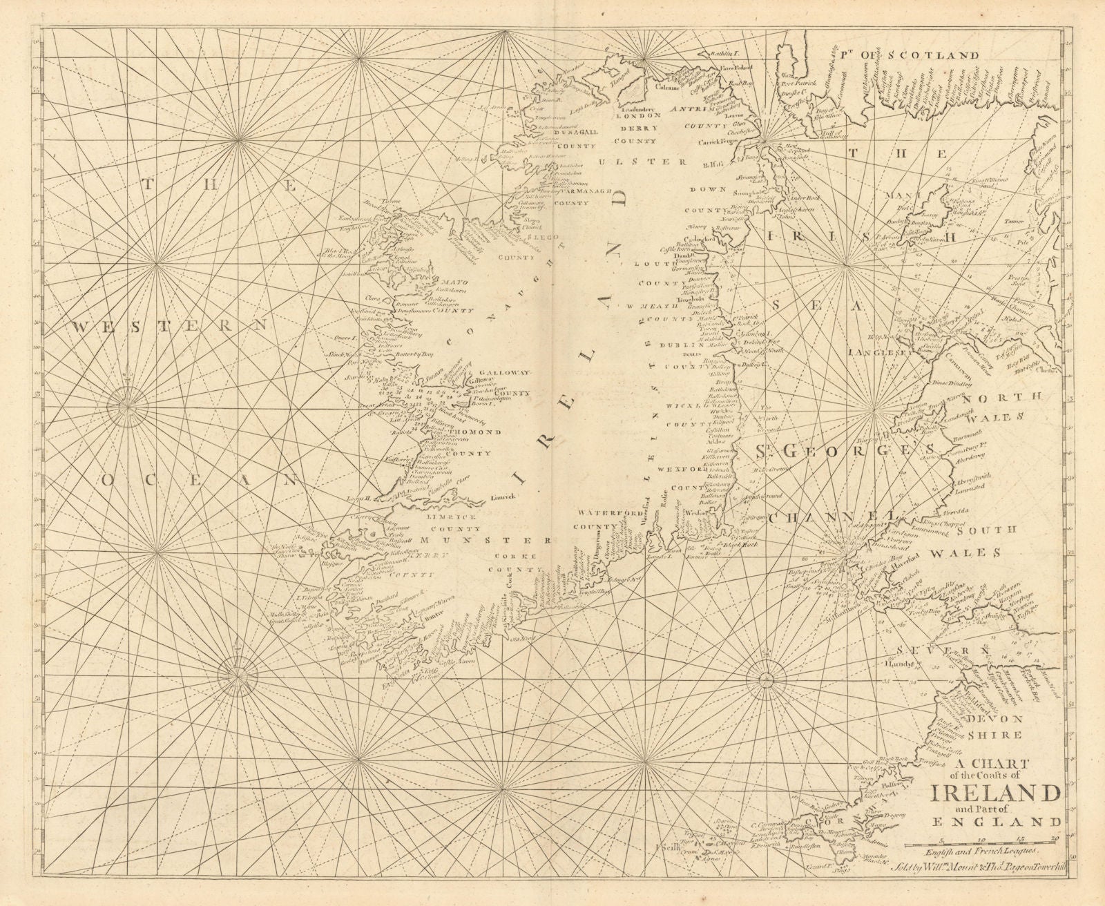A Chart of the Coasts of Ireland & part of England. Wales. MOUNT & PAGE 1758 map